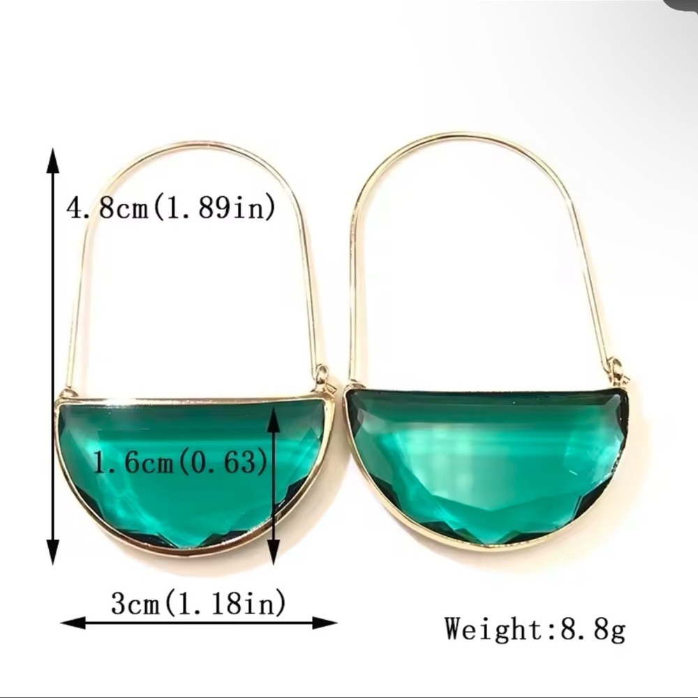 Anthropologie Gold Hoop Emerald Green Semicircle Drop Earrings - Picture 12 of 12